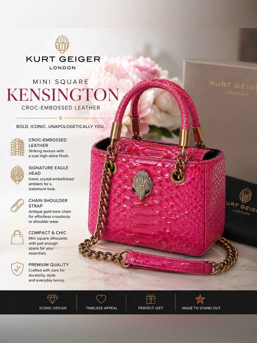 🔥Kurt Geiger London Mini Square Kensington Croc-Embossed Leather LOW PRICE! 💝💞
